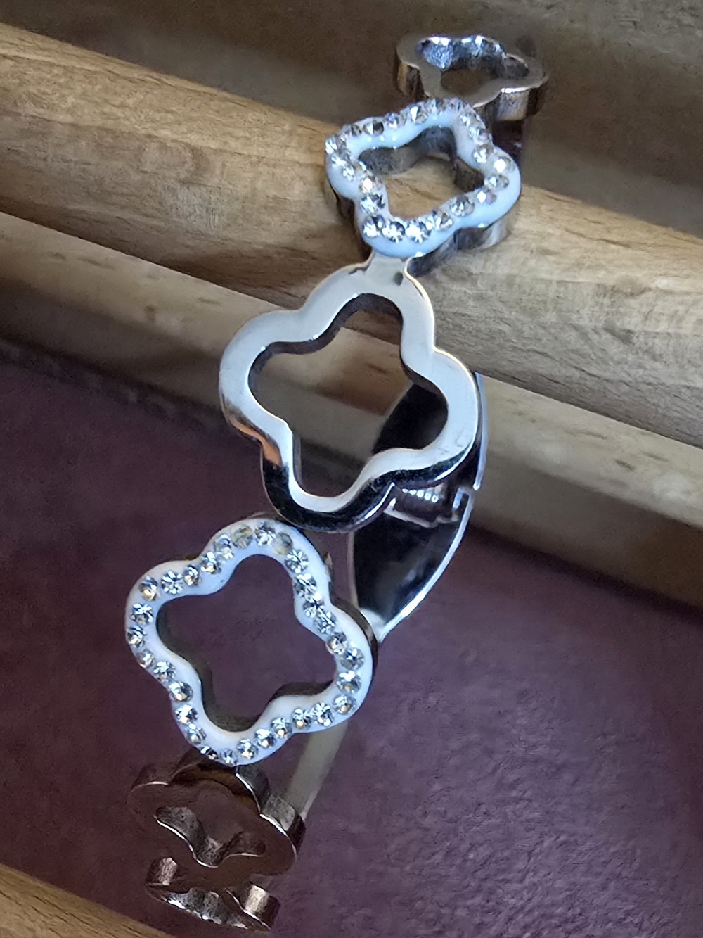 Stainless Steel Silver Color Floral Link Bracelet - Women Jewelry Clover Gold